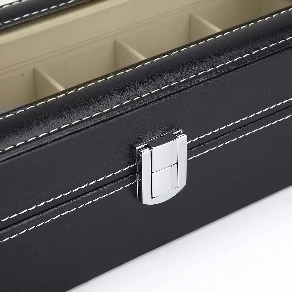 6/10/12 Grids PU Leather Watch Box Organizer Display Case with Lock