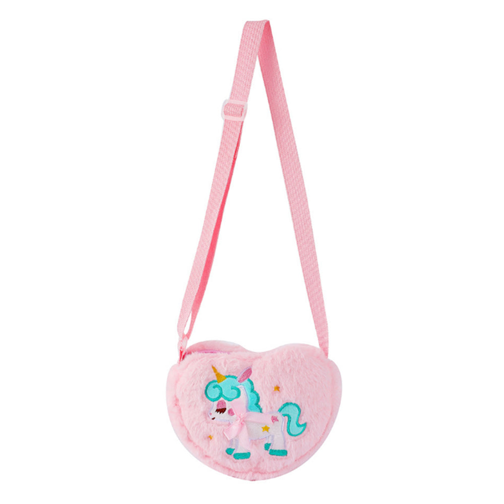 Girls Cute Plush Heart Unicorn Embroidery Zipper Crossbody Bag