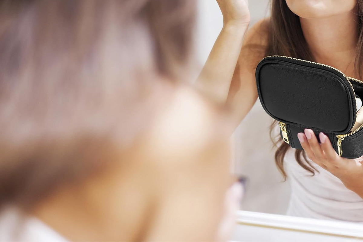 PU Leather Makeup Case Lighted Mirror LED Travel Cosmetic Organizer