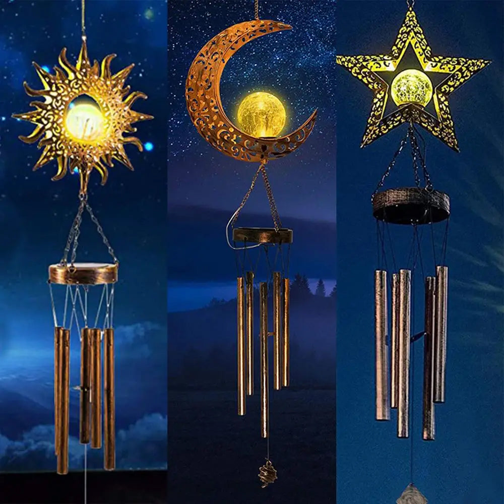 Sun Moon Star LED Solar Metal Wind Chime Outdoor Garden Decor-Sun