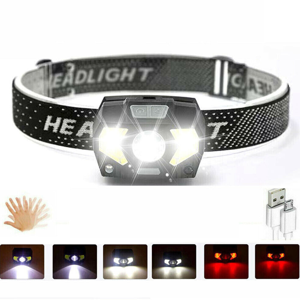 Rechargeable LED Headlamp Water-Resistant Motion Sensor Head Torch-Black