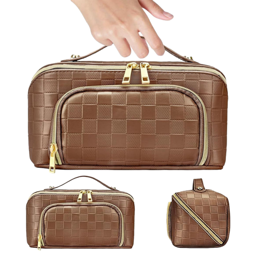 Large Capacity PU Leather Water-Resistant Checkered Cosmetic Bag Travel Makeup Bag