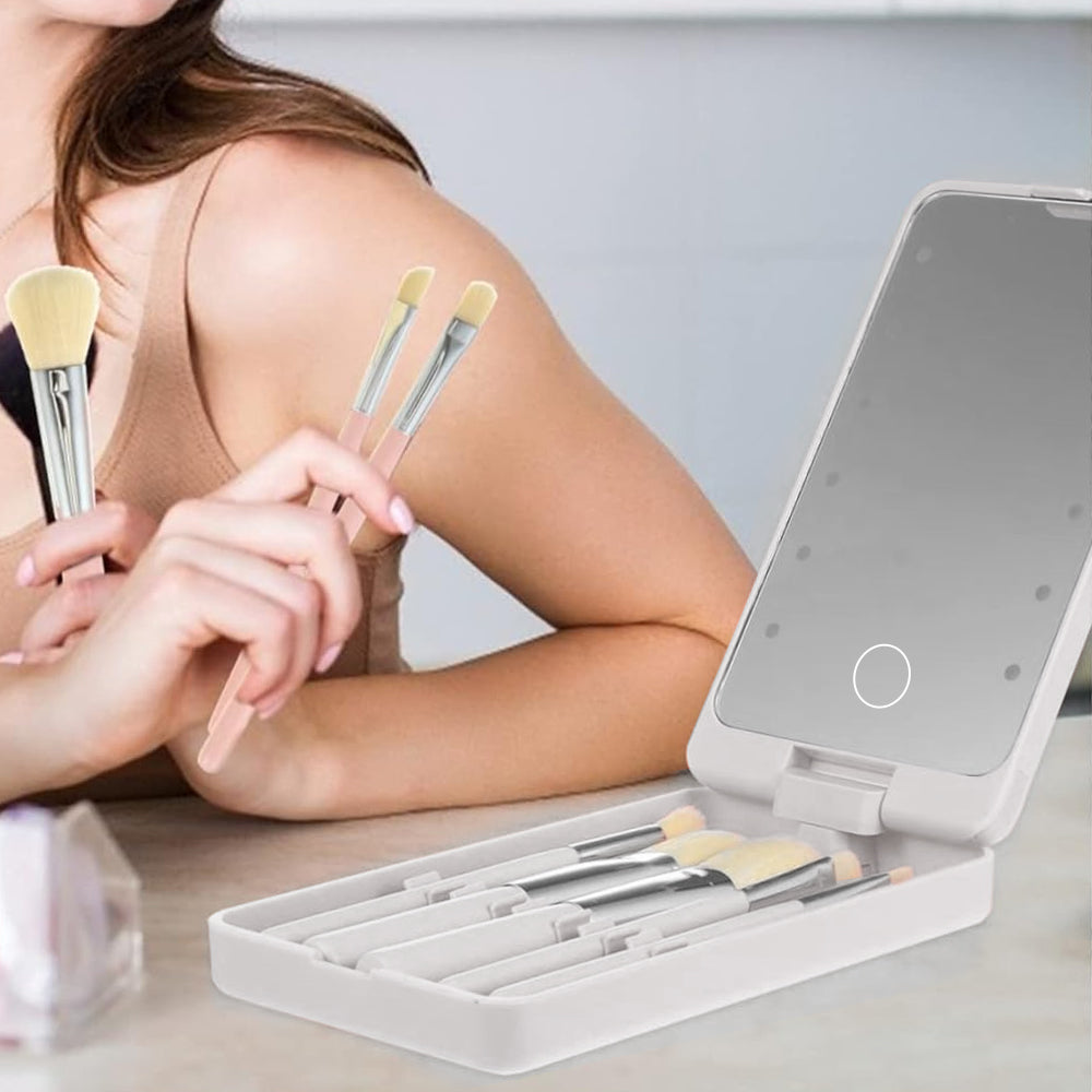 Compact LED Makeup Mirror with Cosmetic Brush and Holder
