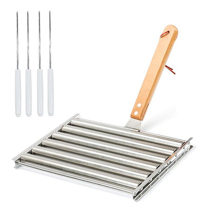 Stainless Steel Hot Dog Grill with Wooden Handle and 4 BBQ Skewers