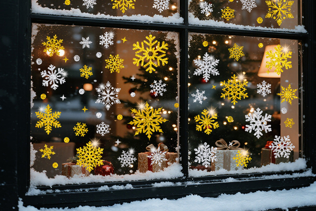 Christmas Window Clings Snowflakes Static Stickers Gold Silver for Holiday Decorations