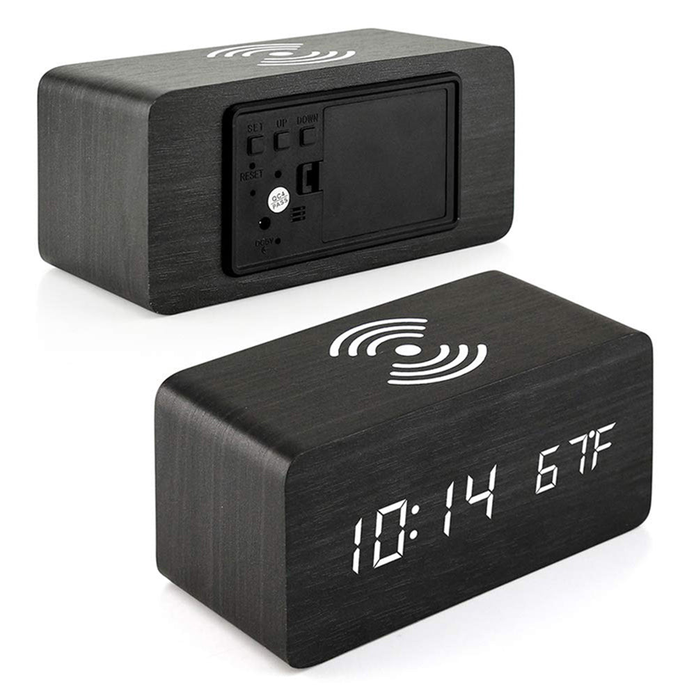 2Pcs Wooden Digital Alarm Clock with Wireless Charger