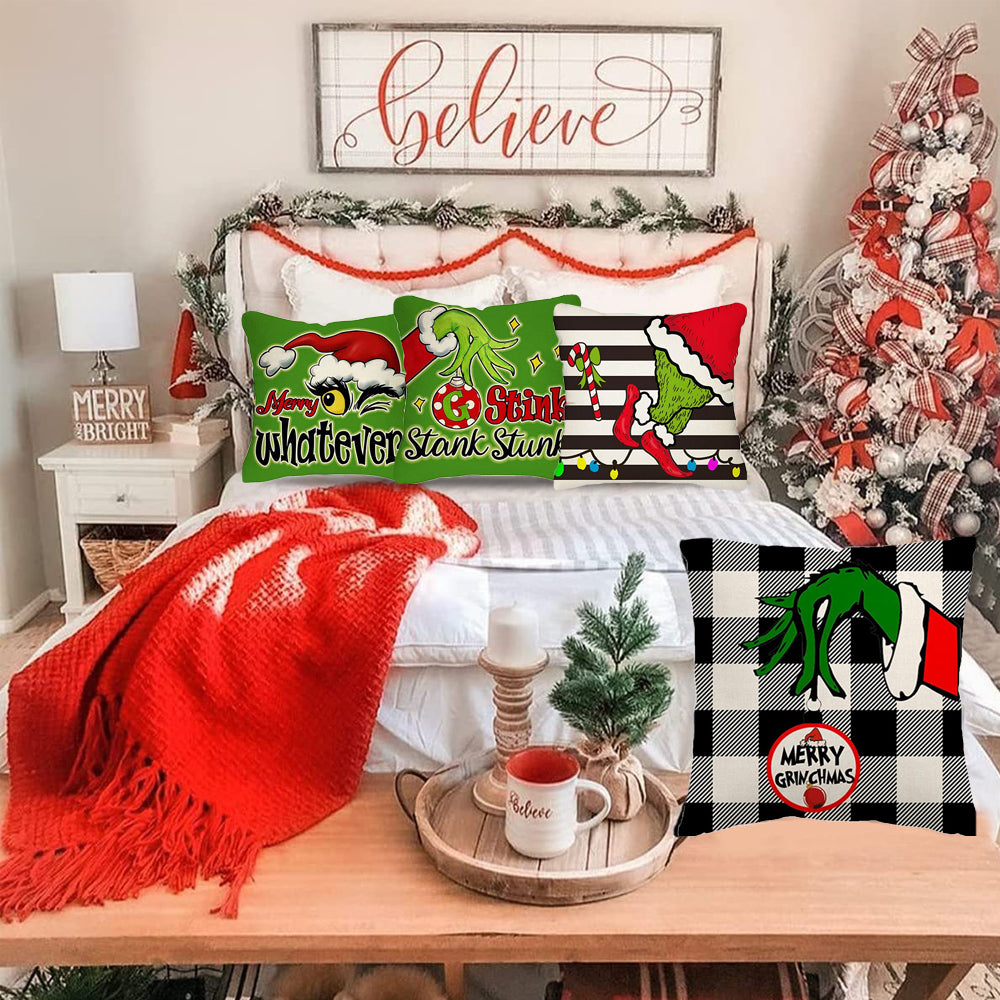 4Pcs Christmas Print Throw Pillow Case Cartoon Cushion Cover Home Sofa Decor Gift-Style 1