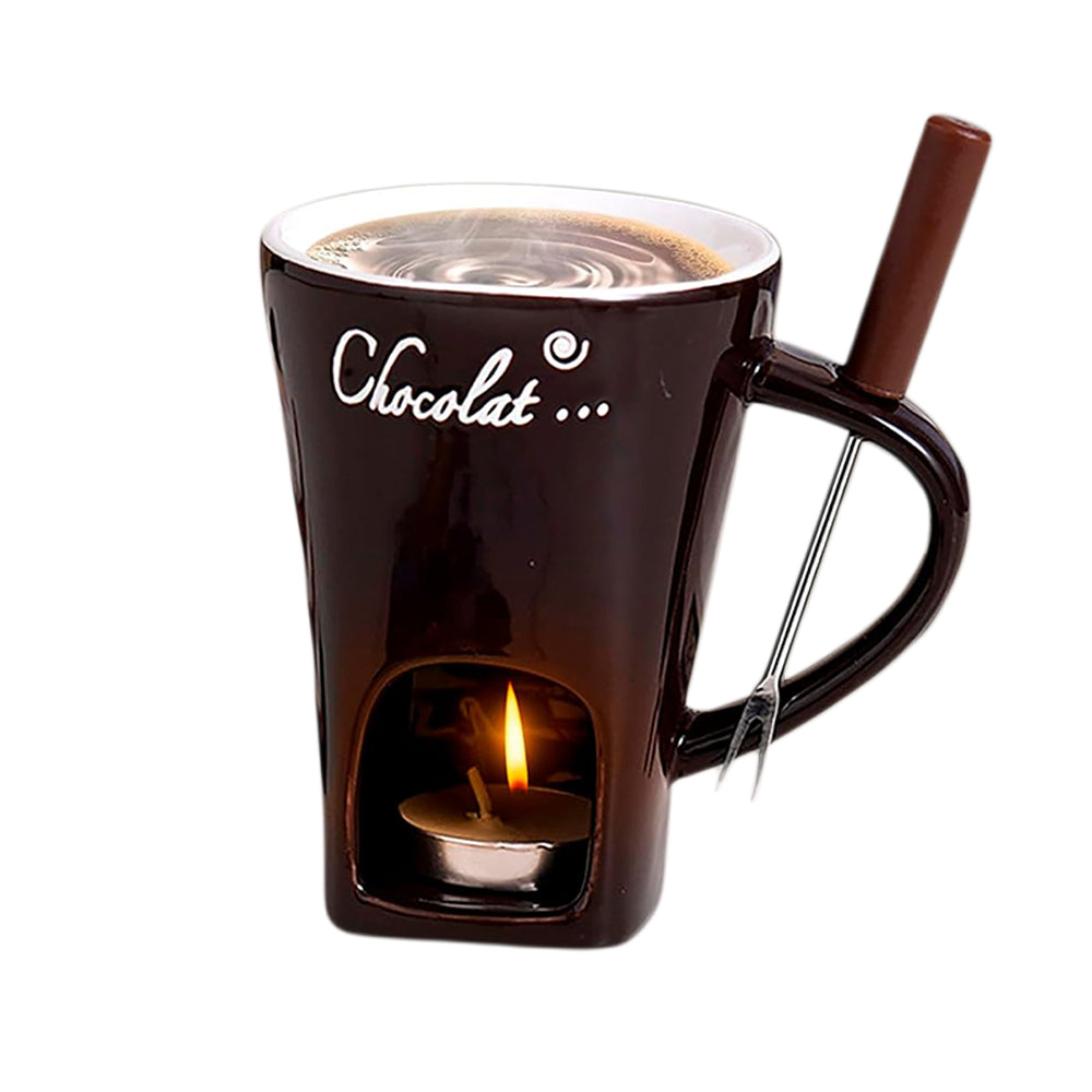 Fondue Mug Set Porcelain Chocolate Melting Cup with Fork