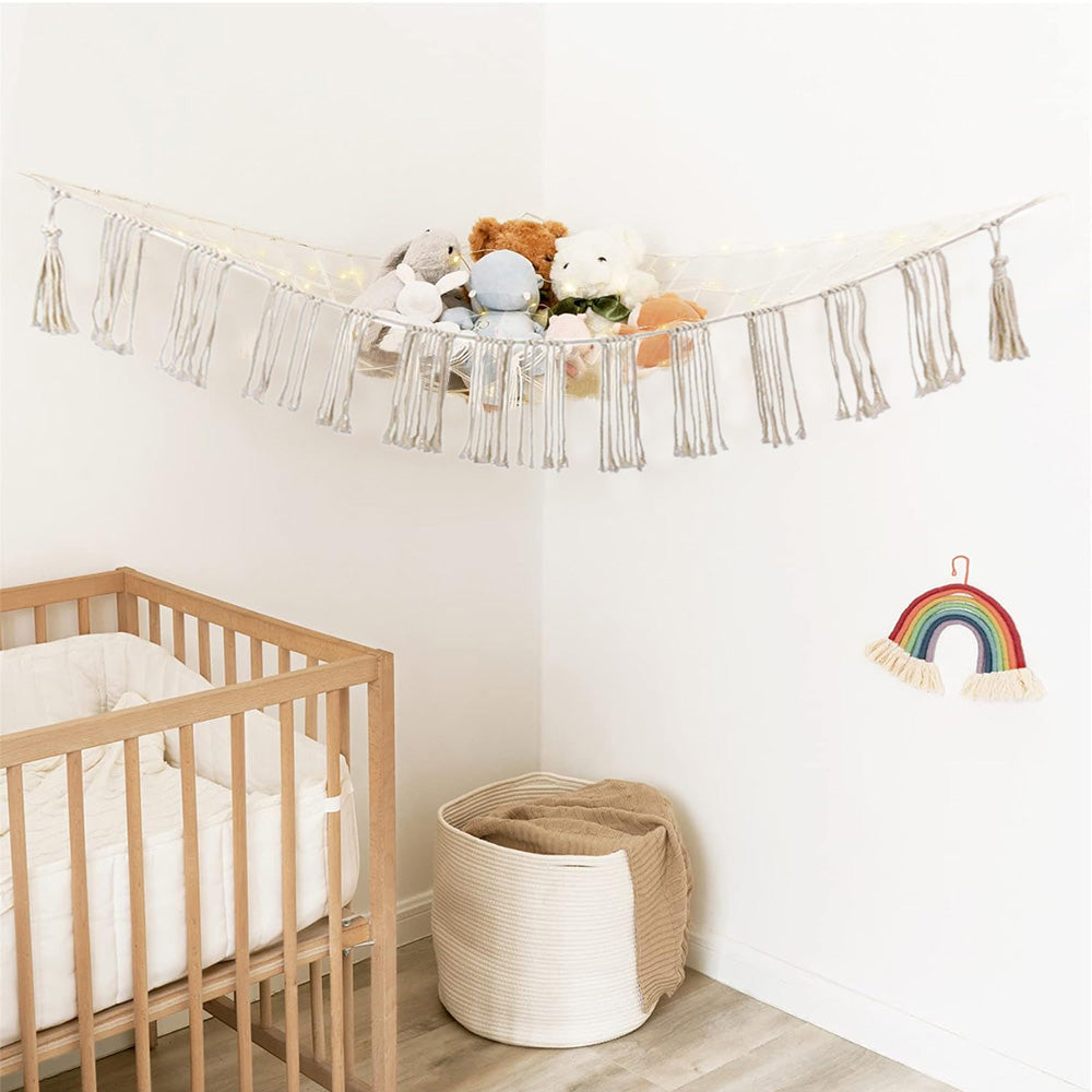 Tassels Boho Plush Toy Hammock with String Light Hanging Storage Net