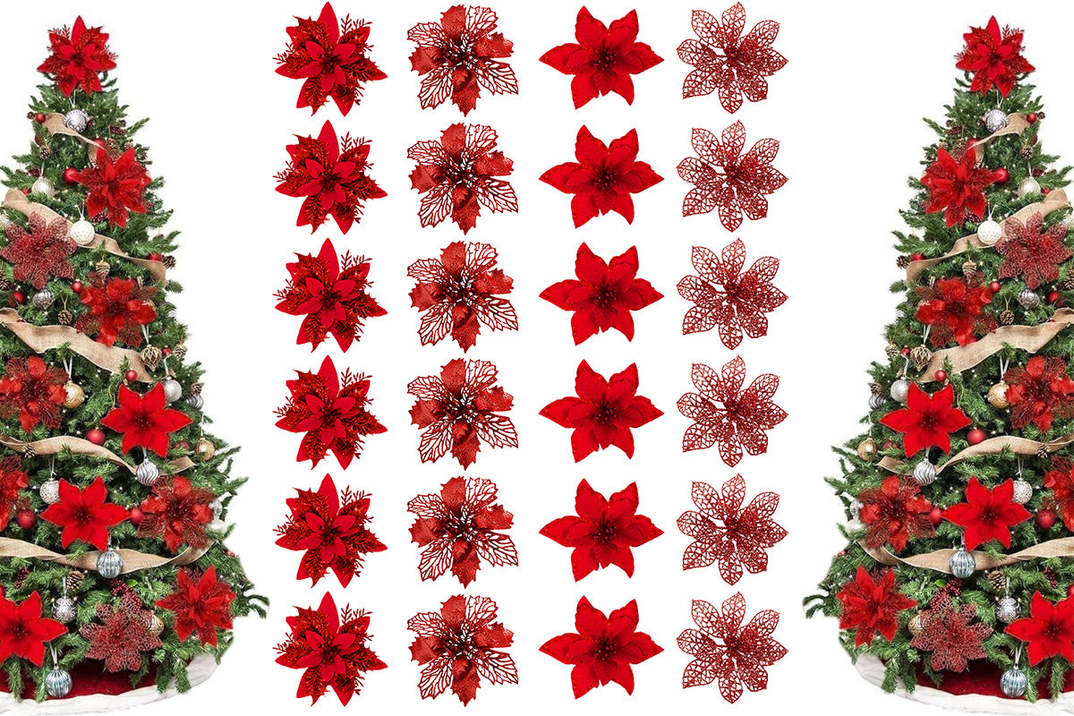 24Pcs Artificial Flowers Christmas Tree Decorations for Wreath Fireplace Stairs