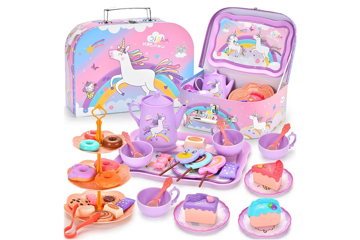 Pretend Play Tea Party Set with Dessert and Carrying Case for Role Play