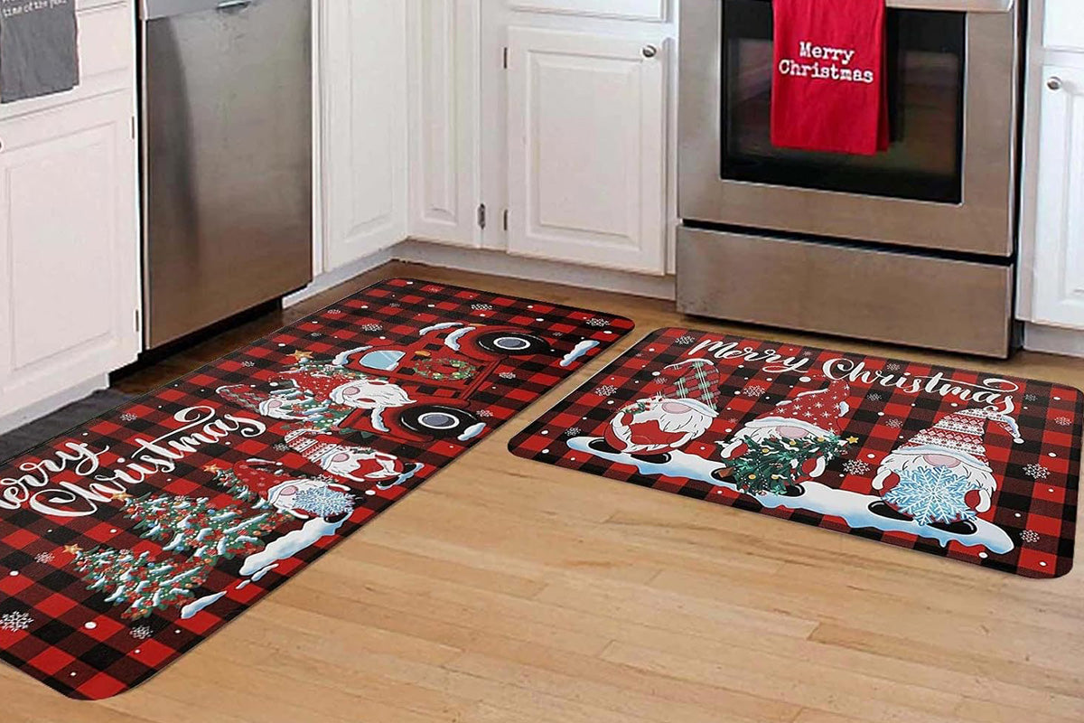 2PCS Christmas Floor Mats Set Non Slip Kitchen Rug for Bathroom Living Room Doorway
