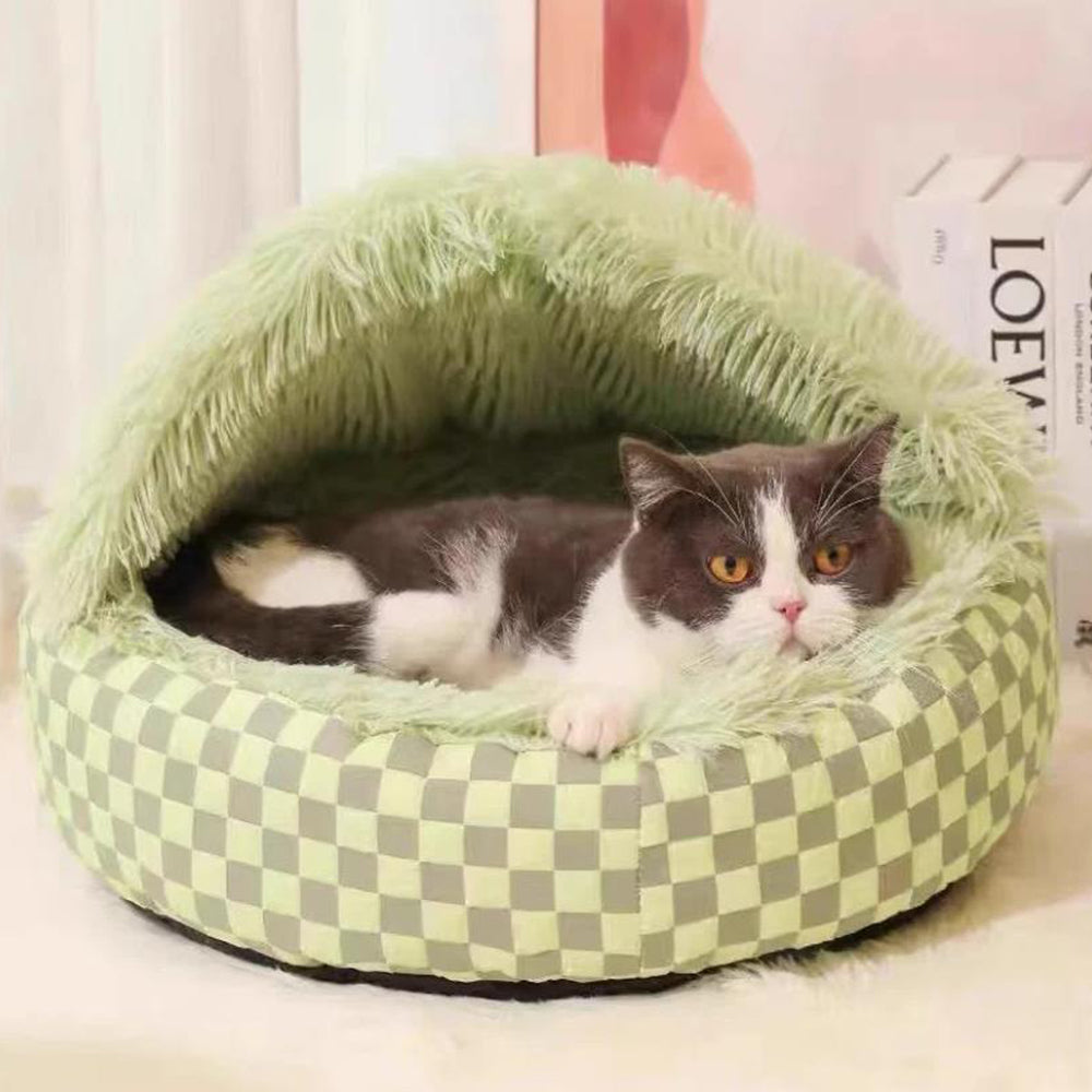 Plush Cushioned Hooded Winter Pet Bed