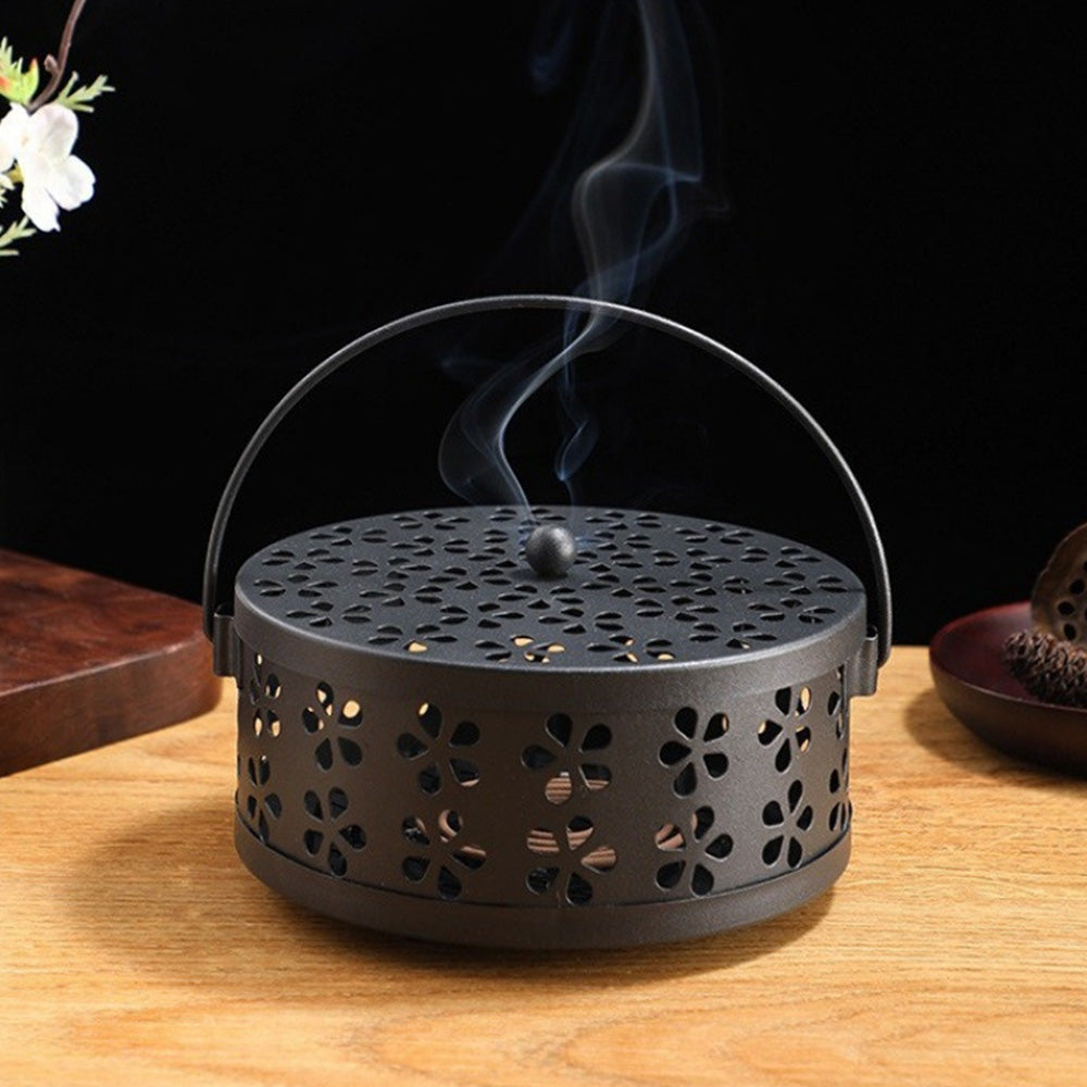 14cm Metal Mosquito Coil and Incense Holder with Lid Floral Cutout Design