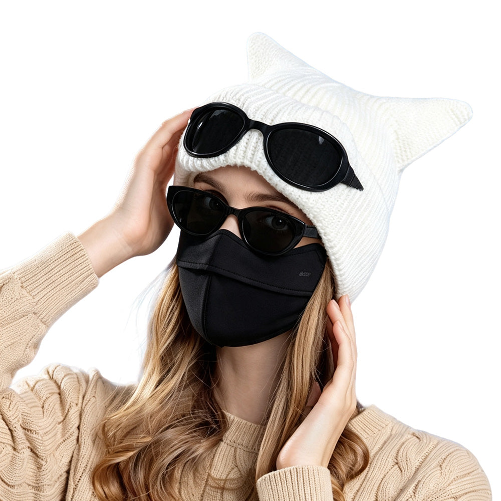 Double Layer Knit Winter Beanie with Goggles Cute Cat Ear Knit Beanie for Winter