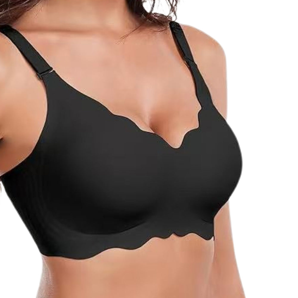 Wireless Bra Soft High Elastic V Neck Wavy Trim-Black