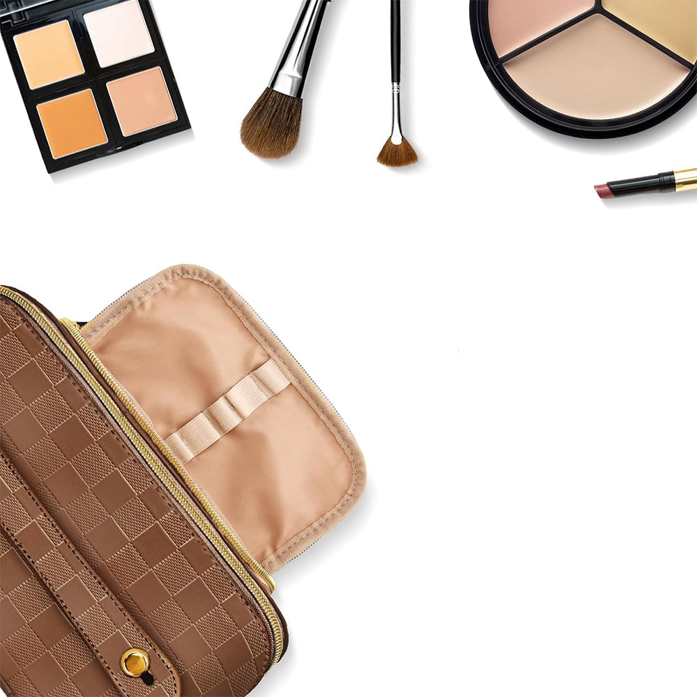 Large Capacity PU Leather Water-Resistant Checkered Cosmetic Bag Travel Makeup Bag