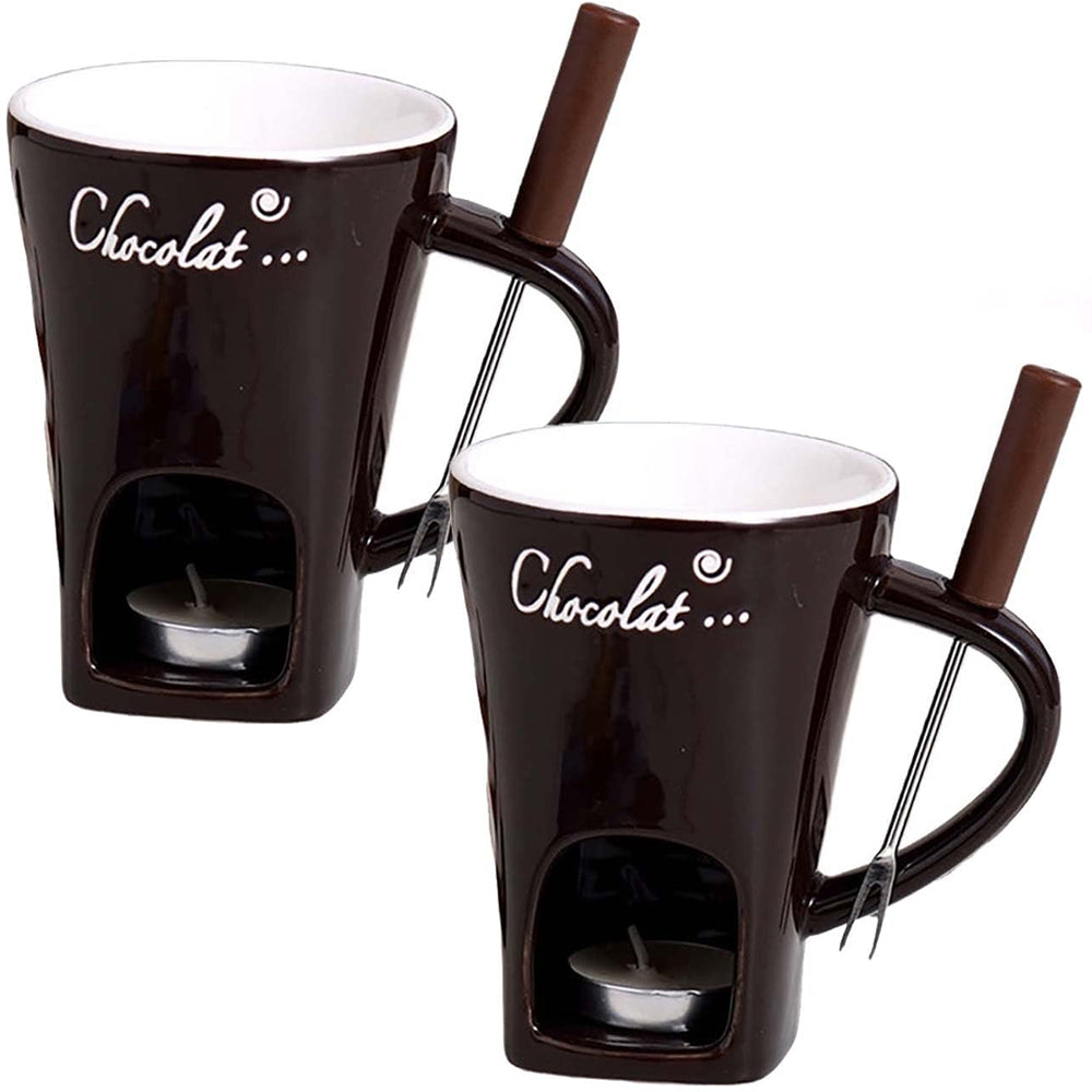 Fondue Mug Set Porcelain Chocolate Melting Cup with Fork