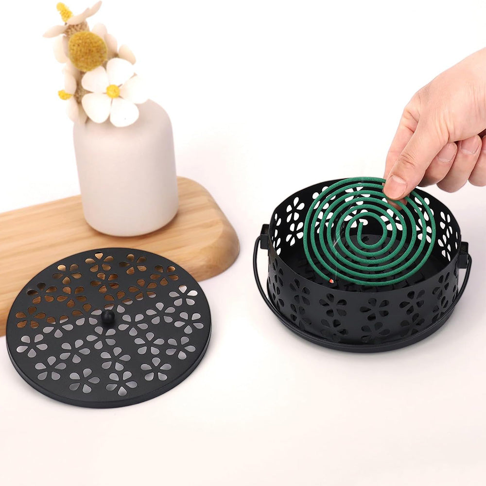 14cm Metal Mosquito Coil and Incense Holder with Lid Floral Cutout Design
