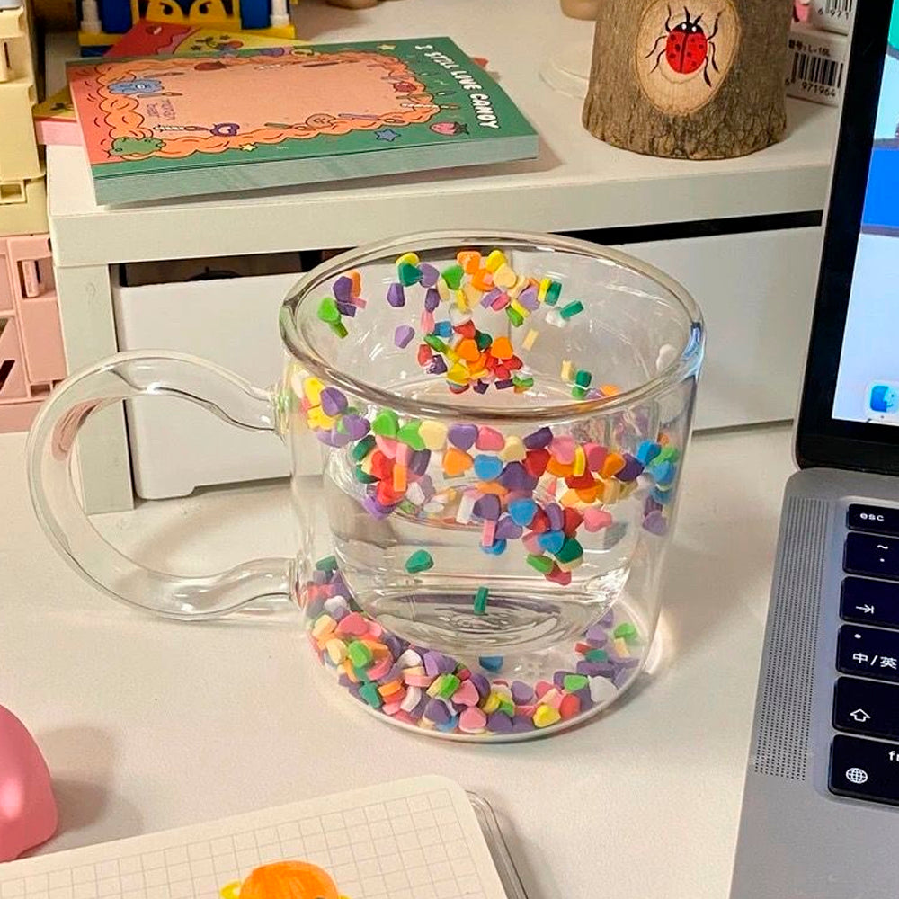 Double Wall Glass Cup with Colorful Love Granule Fillings