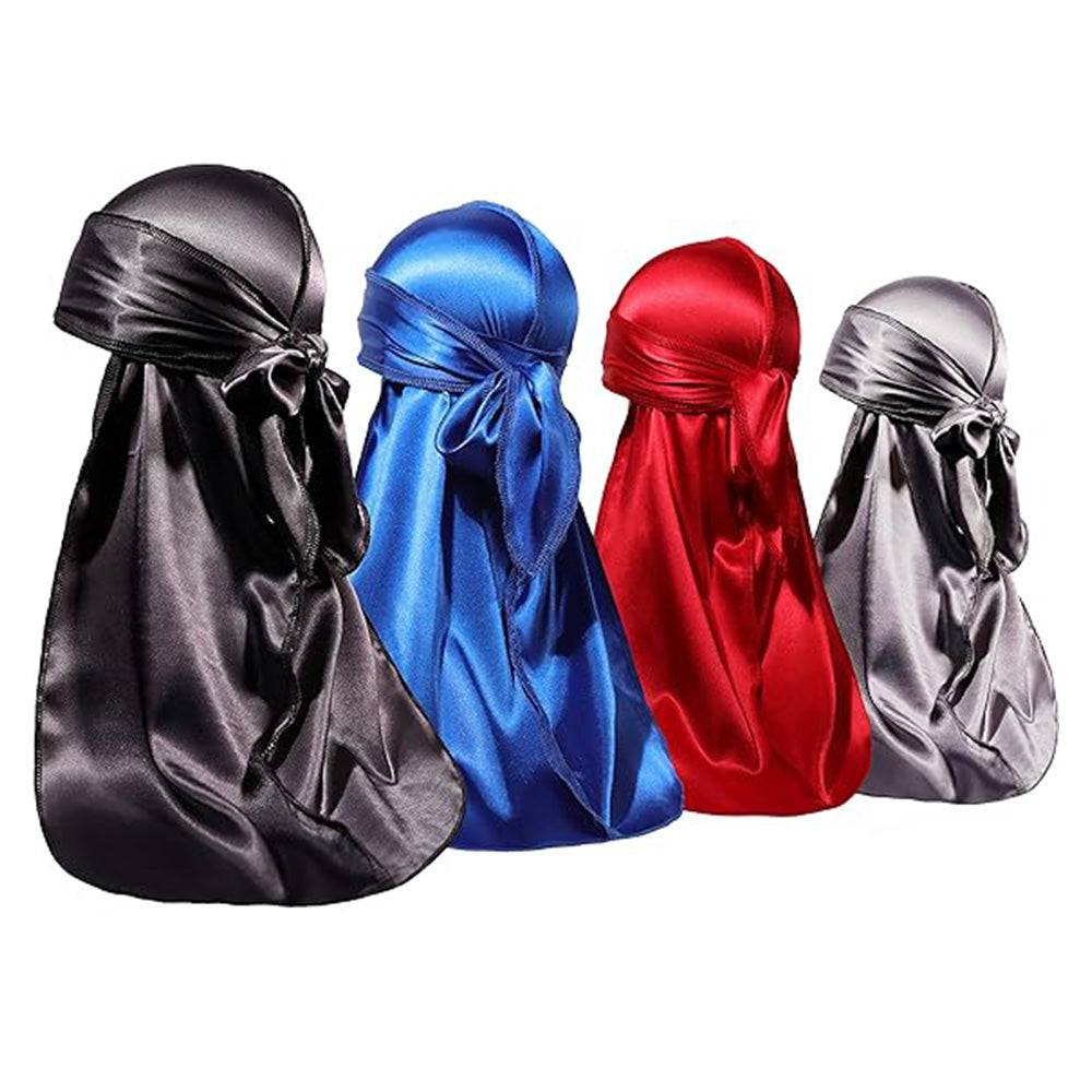 4PCS Silky Satin Durags with Extra Long Tails Pirate Wave Caps for Men Women