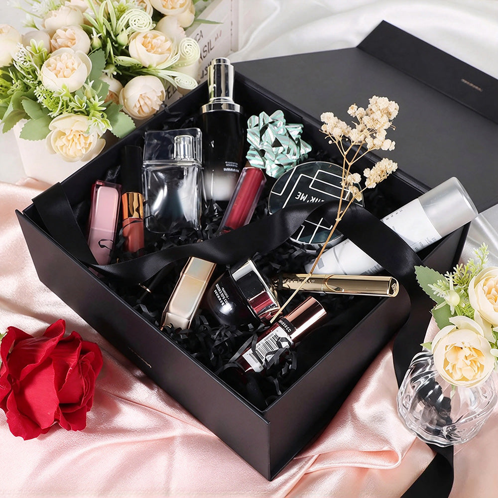 Luxury Foldable Gift Box with Easy Attached Lid and Ribbon-Black
