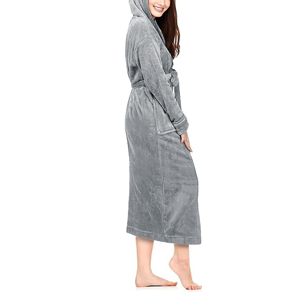 Women Robe Hood Flannel Fleece Full Length Bathrobe Shower Nightgown-Grey