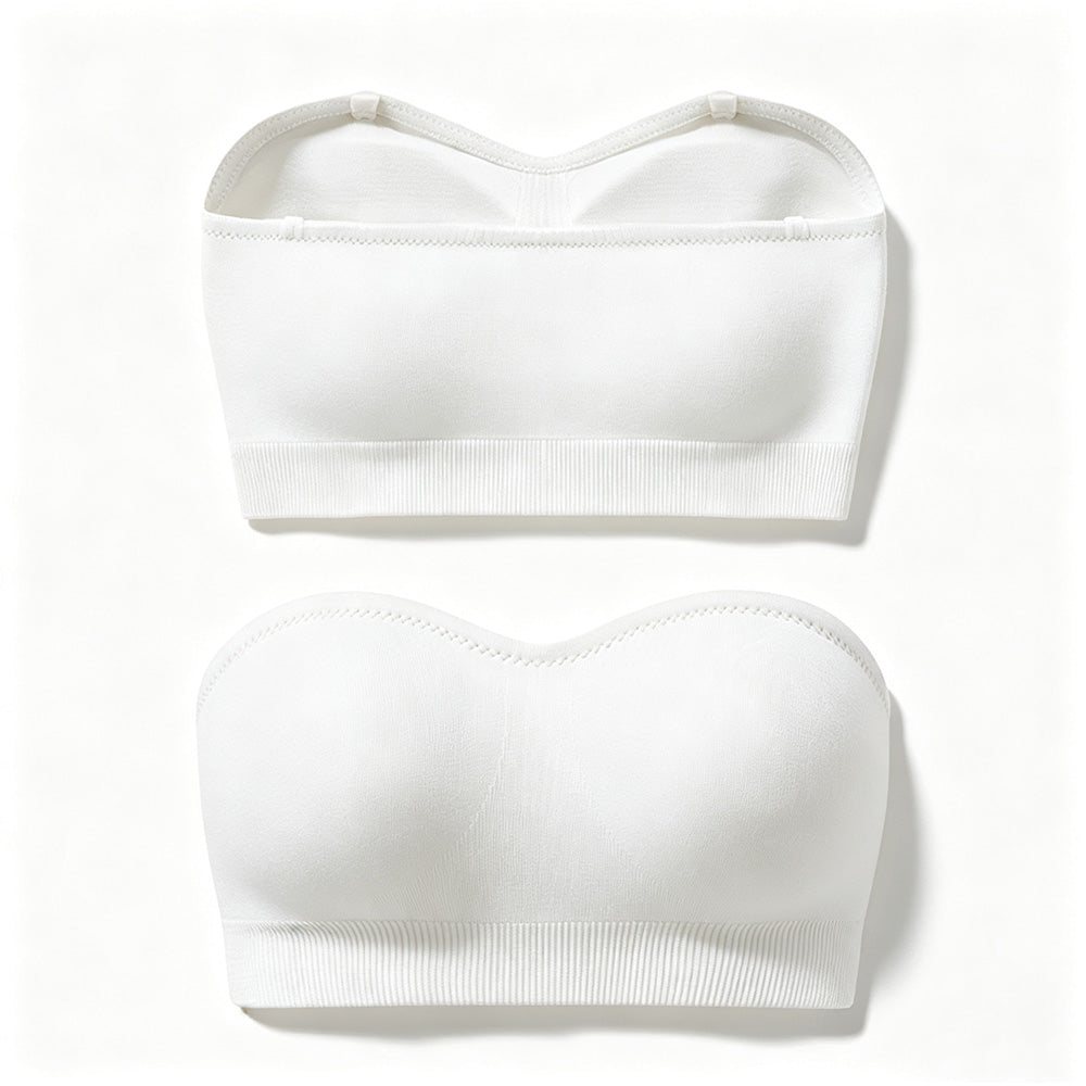 Women Strapless Wirefree Bandeau Bra with Removable Shoulder Straps-White