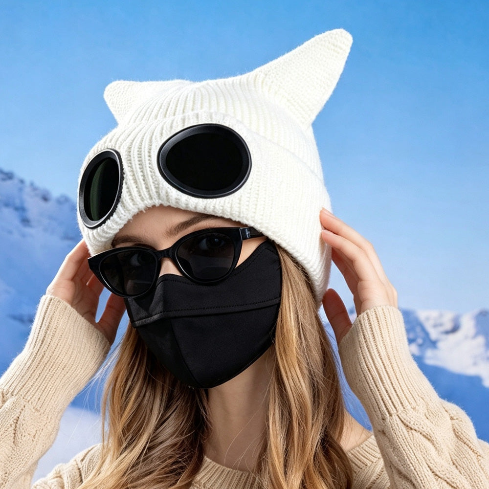 Double Layer Knit Winter Beanie with Goggles Cute Cat Ear Knit Beanie for Winter