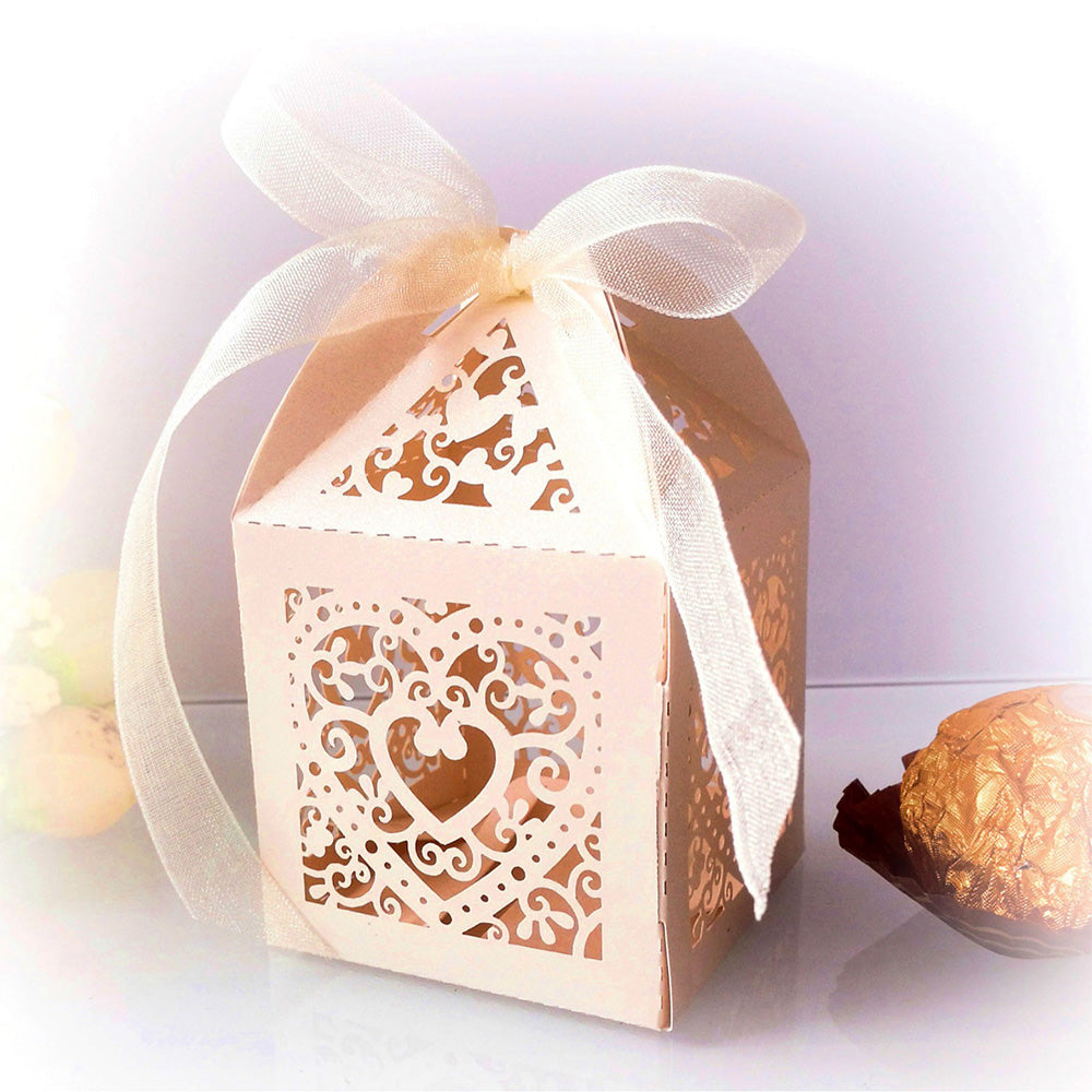 2X 50 Pack Laser Cut Pearl Paper Candy Favor Boxes with Ribbons