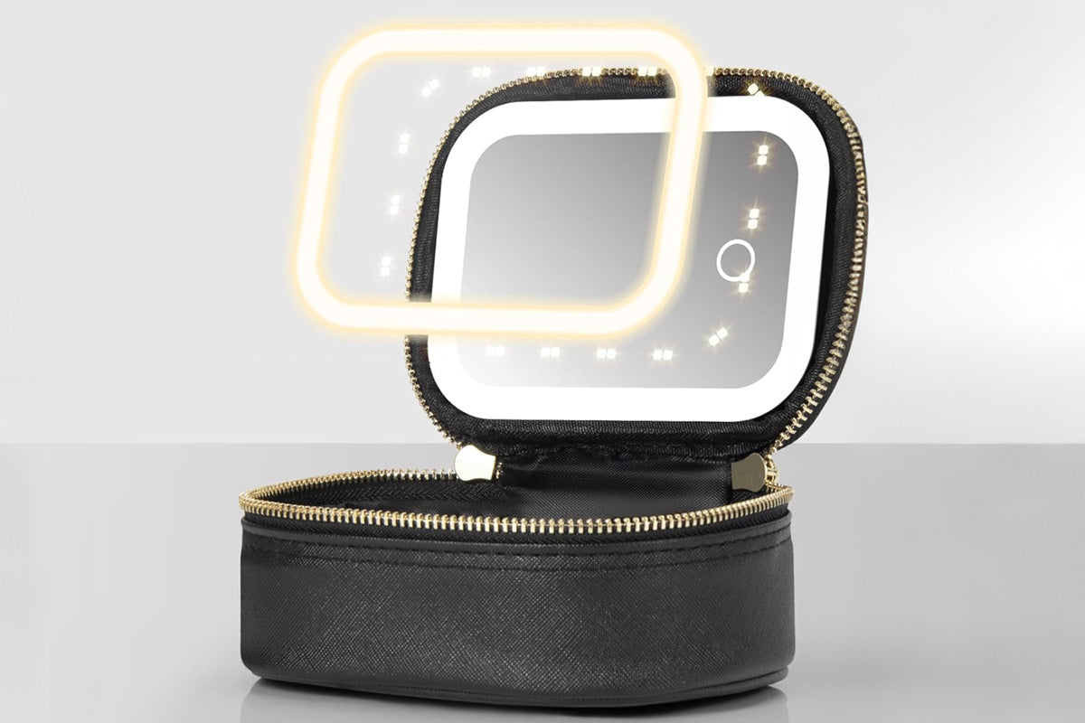 PU Leather Makeup Case Lighted Mirror LED Travel Cosmetic Organizer