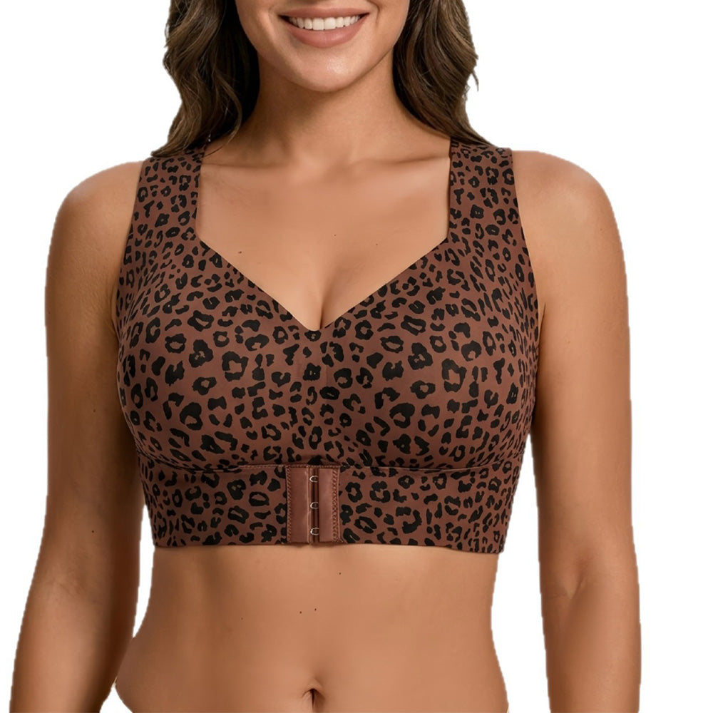 Wireless Front Closure Seamless Full Coverage Cross Back Bra for Women-Brown
