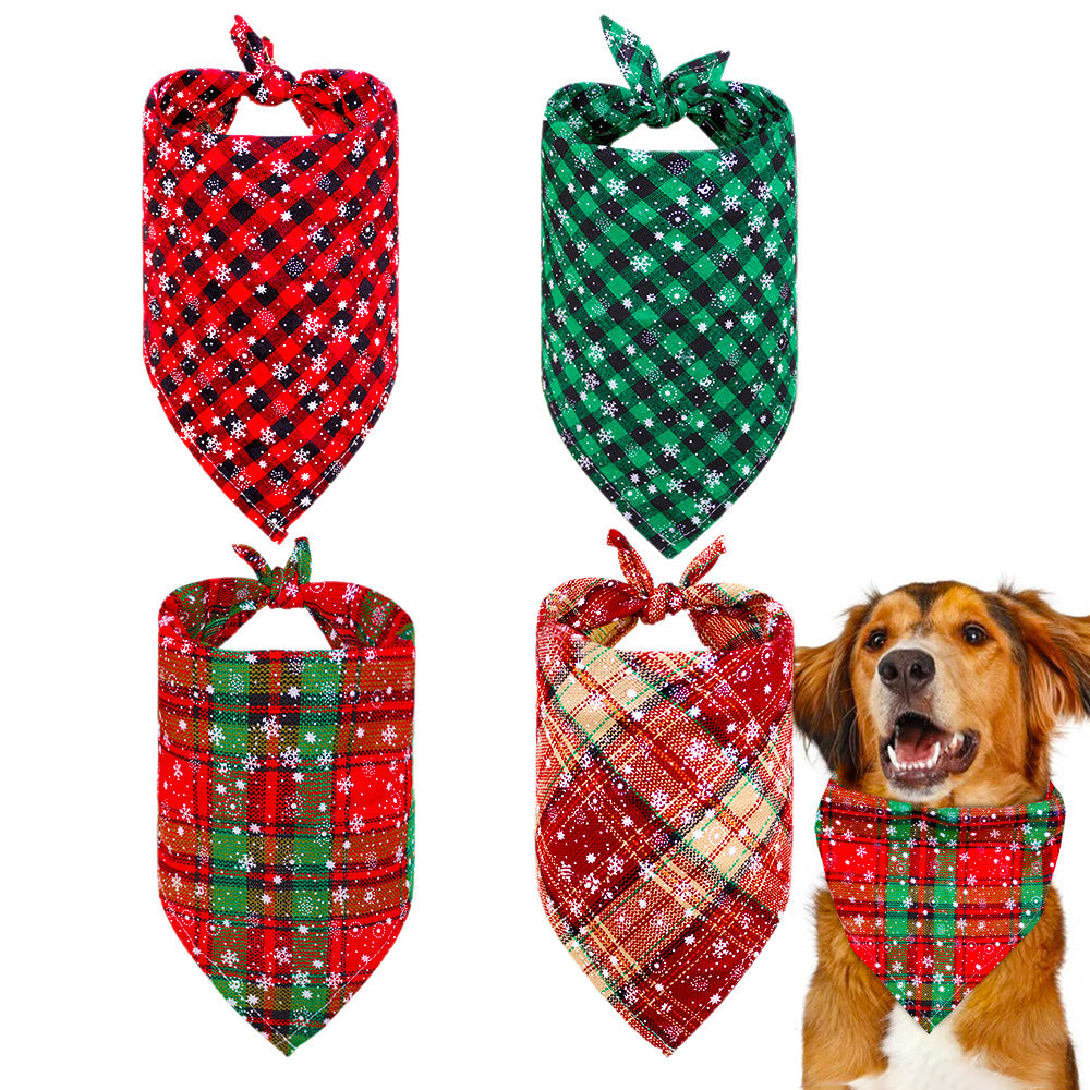 Snowflakes Christmas Dog Bandana Buffalo Plaid Pet Scarf Dog Triangle Bandana