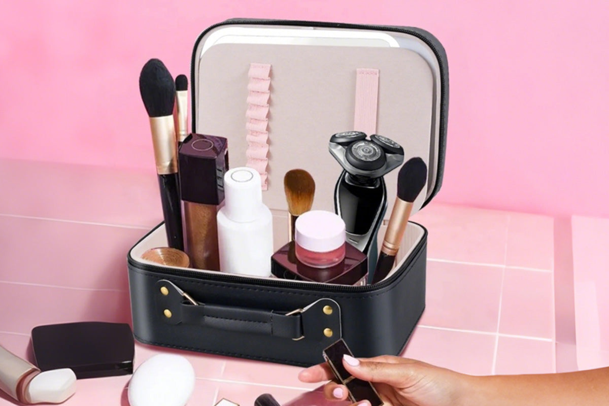 LED Mirror Makeup Case Hard Shell Rechargeable Lighted Cosmetic Organizer