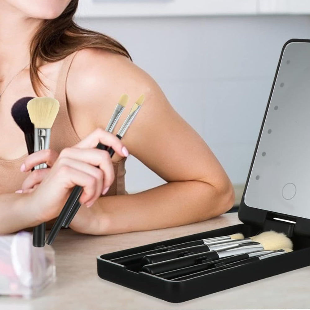 Compact LED Makeup Mirror with Cosmetic Brush and Holder