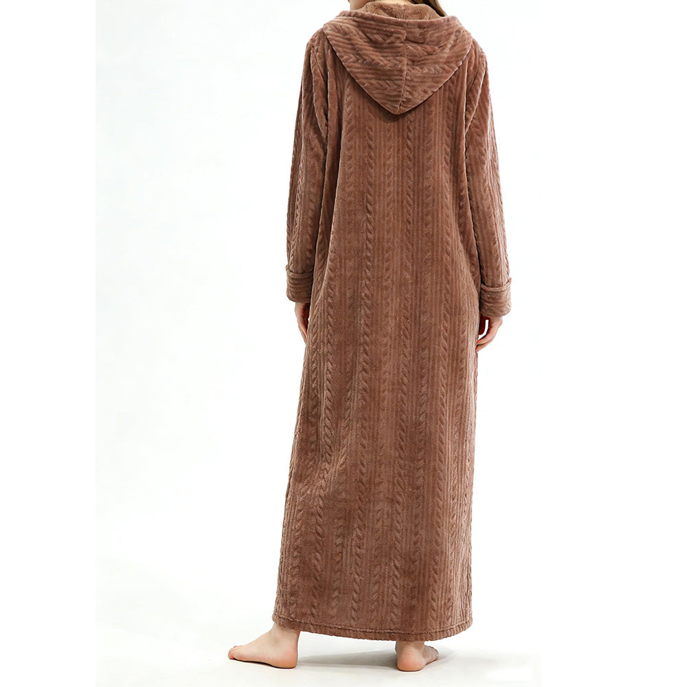 Unisex Long Hooded Zipper Bathrobe Fleece Robes Winter Warm Nightgown Sleepwear Pyjamas-Coffee