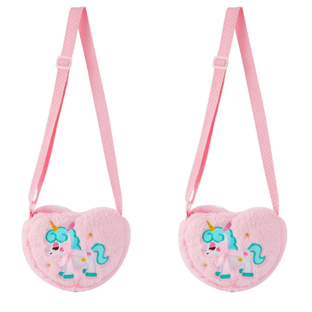 2Pcs Girls Cute Plush Heart Unicorn Embroidery Zipper Crossbody Bag