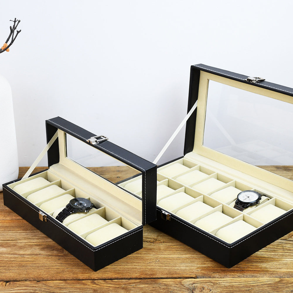 6/10/12 Grids PU Leather Watch Box Organizer Display Case with Lock