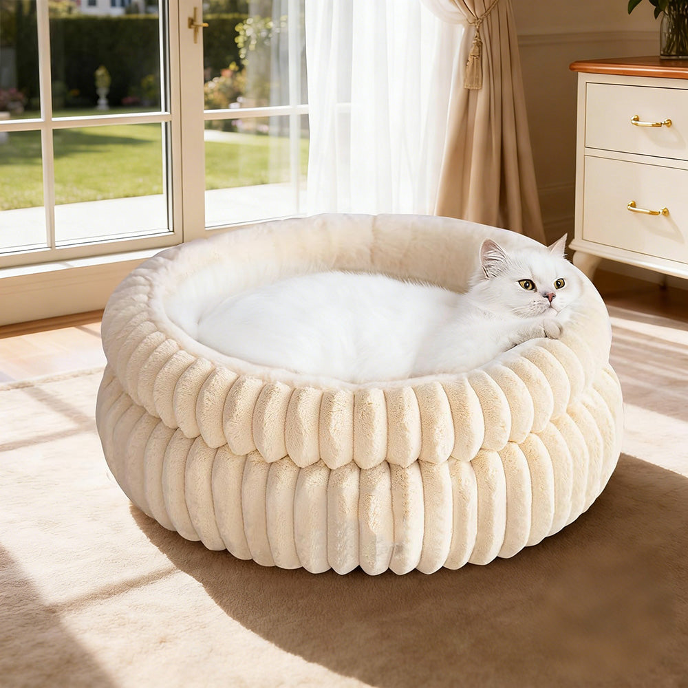 Donut Plush Pet Dog Cat Bed Fluffy Soft Warm Nest for Indoor Cats Small Dogs-Beige
