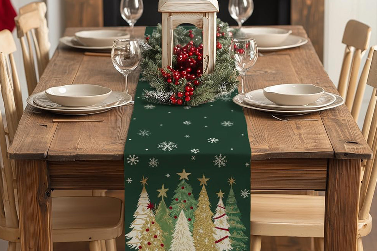 Christmas Table Runner Xmas Trees Tablecloth Cover For Kitchen Dinner Party