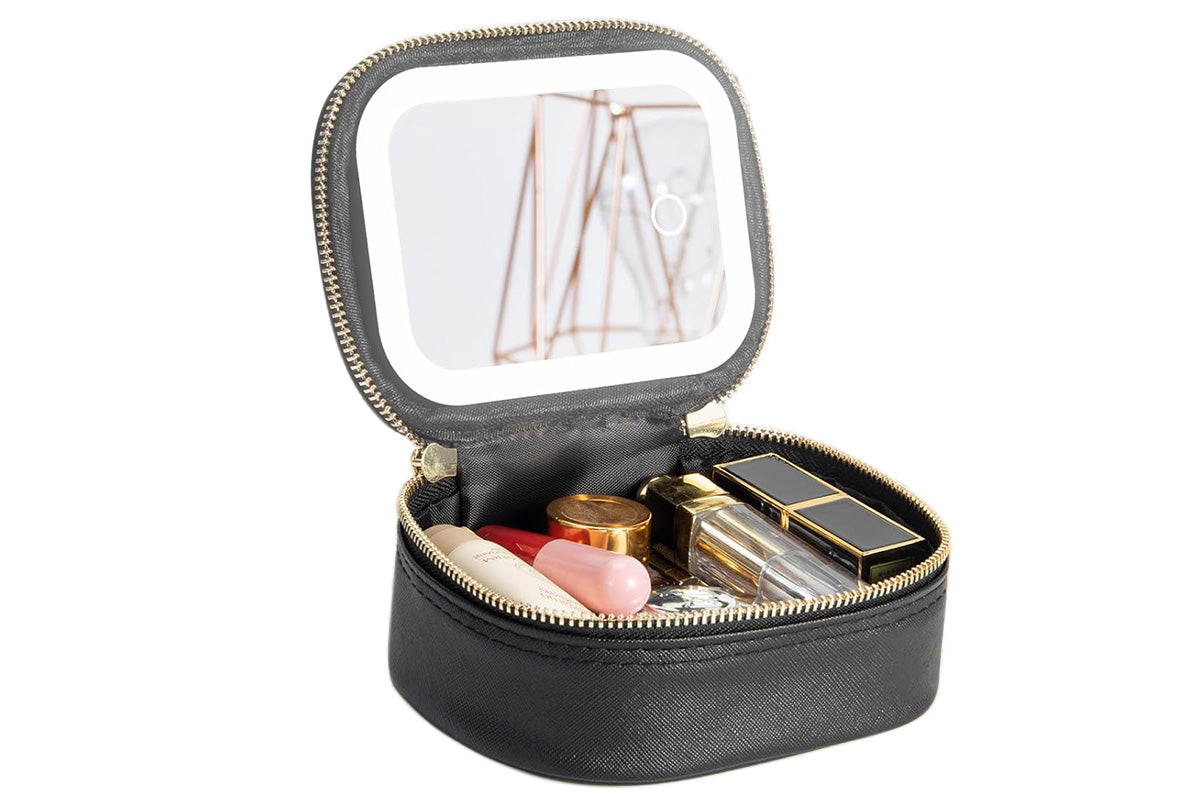PU Leather Makeup Case Lighted Mirror LED Travel Cosmetic Organizer