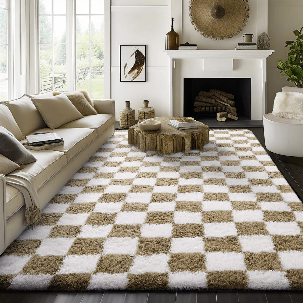 Soft Plush Shaggy Rug Checkered Thickened Non Slip Carpet for Living Room Bedroom