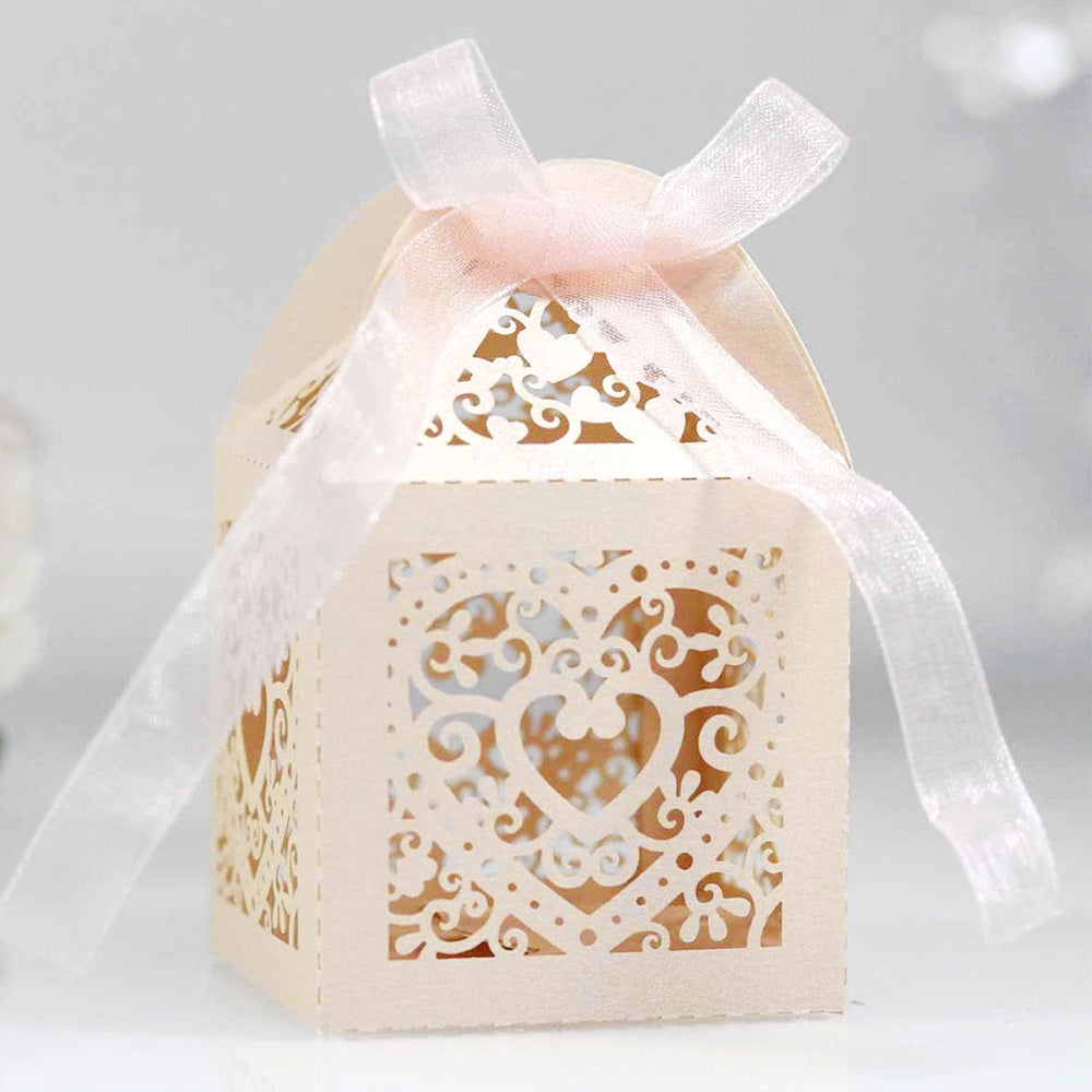 2X 50 Pack Laser Cut Pearl Paper Candy Favor Boxes with Ribbons