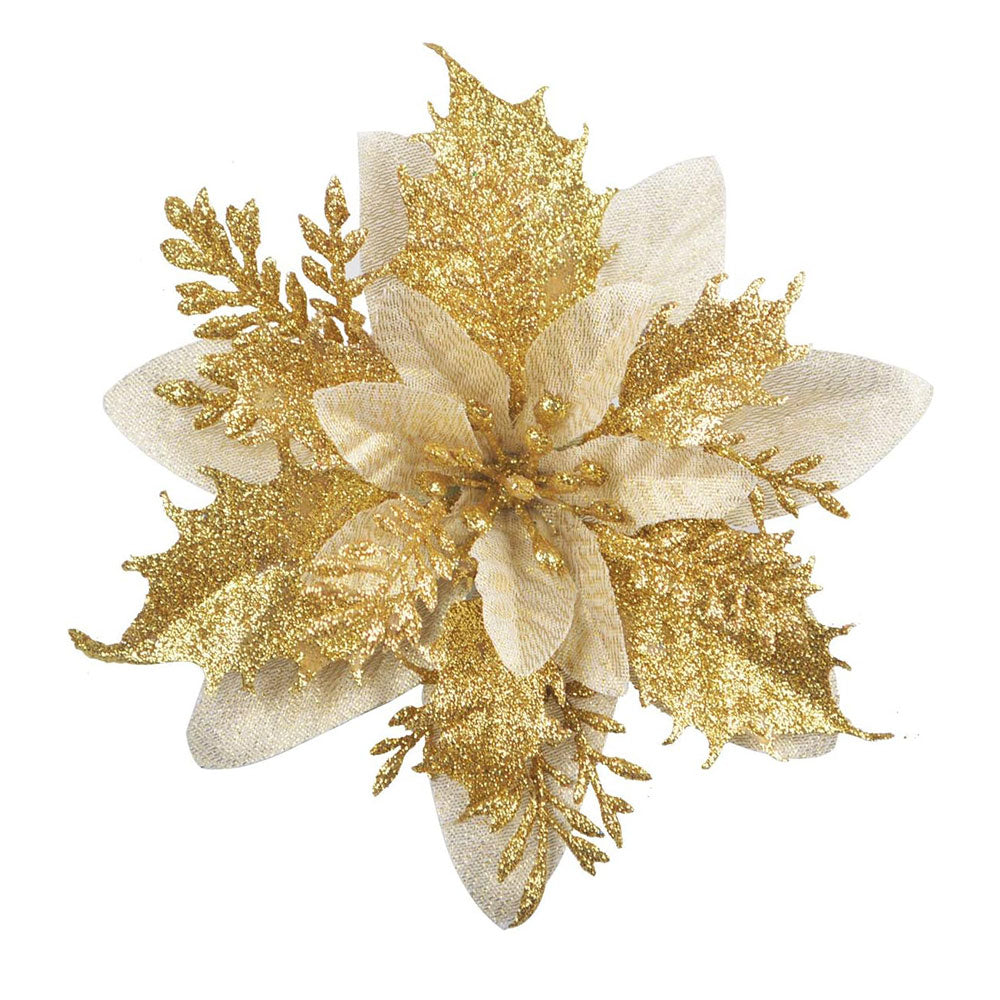 12Pcs Christmas Glitter Poinsettia Artificial Flower with Clip and Stem