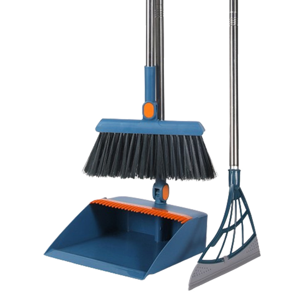 3Pcs Set of Plastic Broom with Foldable Standing Dustpan and Scraper Broom