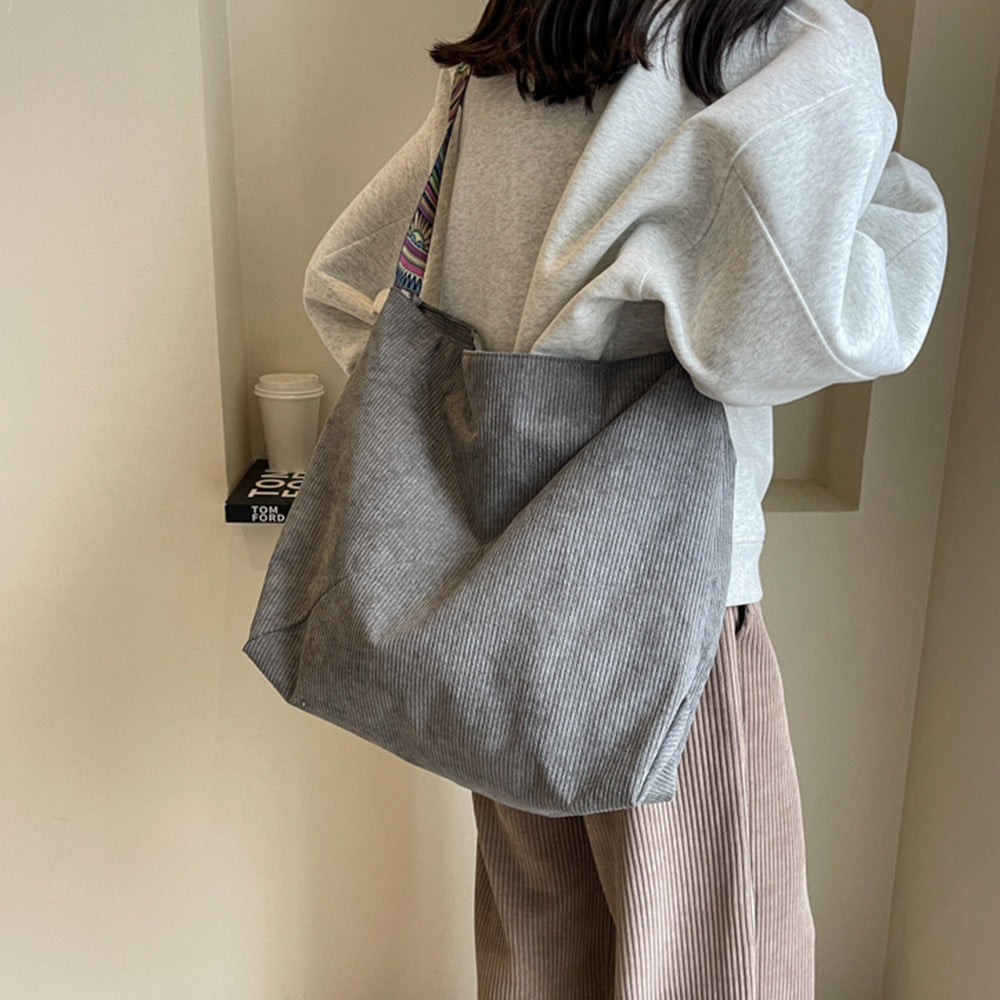 Large Capacity Corduroy Tote Bag with Adjustable Strap for Women