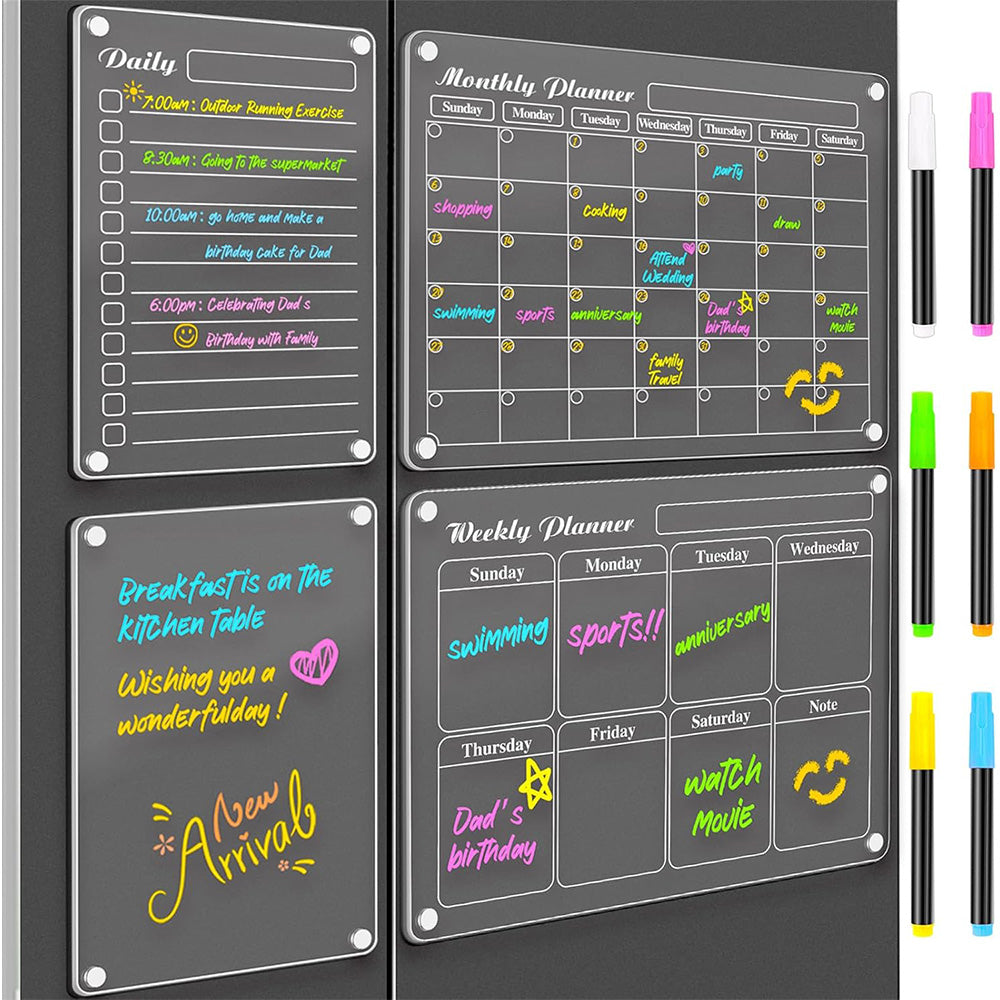 4Pcs Dry Erase Calendar for Fridge Acrylic Transparent Board Monthly Weekly Daily Planner