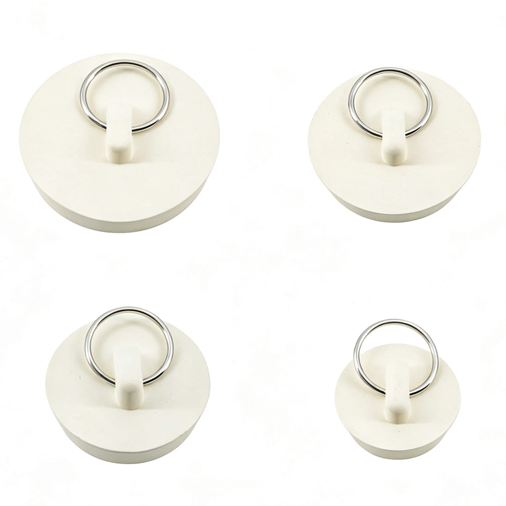 4 Universal Plastic Sink Stoppers with Metal Pull Rings for Basins and Bathtubs