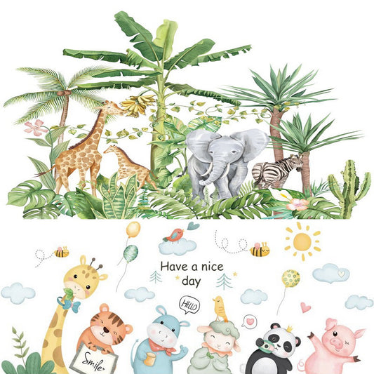 2Pcs Self-adhesive Removable Cartoon Animal and Tropical Rainforest Wall Sticker