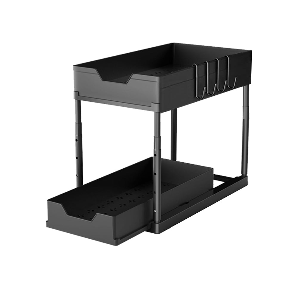 2 Tier Bathroom Cabinet Shelf Organizer Double Sliding Storage Rack with Hook